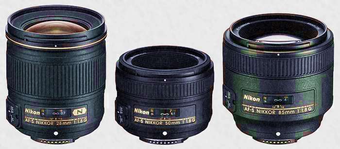 Nikon lenses 28mm 50mm 85mm