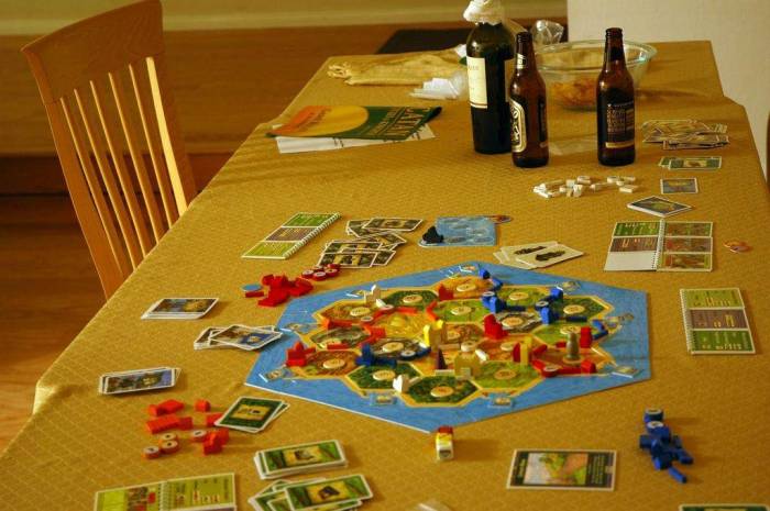 Settlers of Catan table beers wine game night