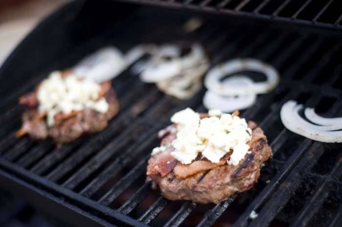 Bacon gorgonzola burger onions grill