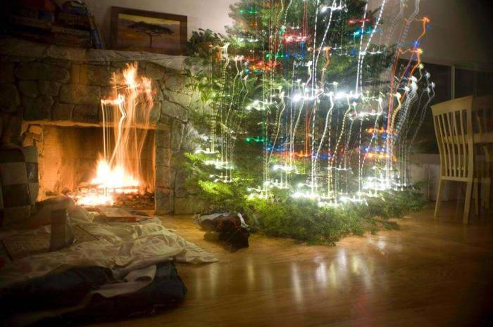 Christmas tree Scrabble fireplace long exposure