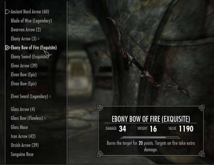 Skyrim ebony bow of fire exquisite inventory