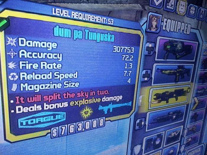 Borderlands 2 Pearlescent dum pa Tunguska rocket launcher Torgue weapon card