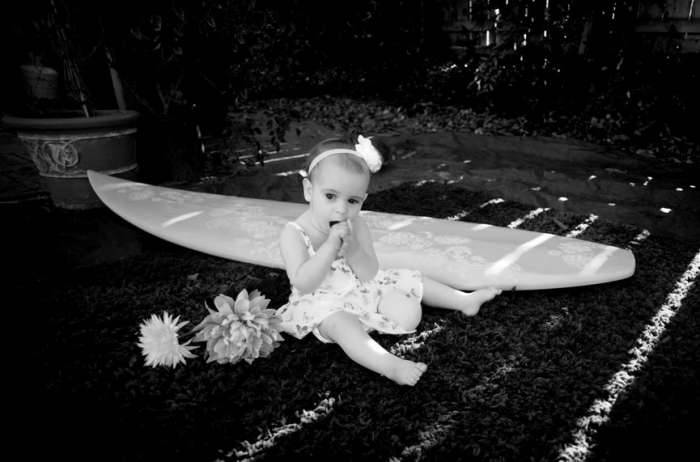 Baby surfboard portraiture black and white red filter