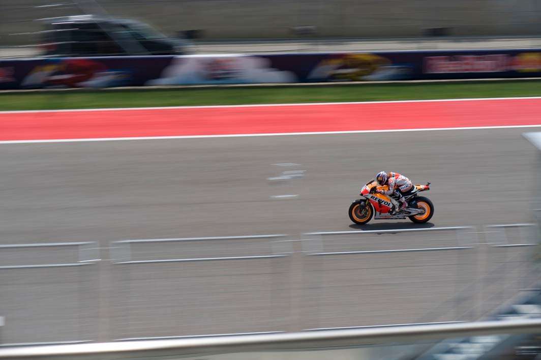 2014 MotoGP Austin Texas Dani Pedrosa front straight panned Honda