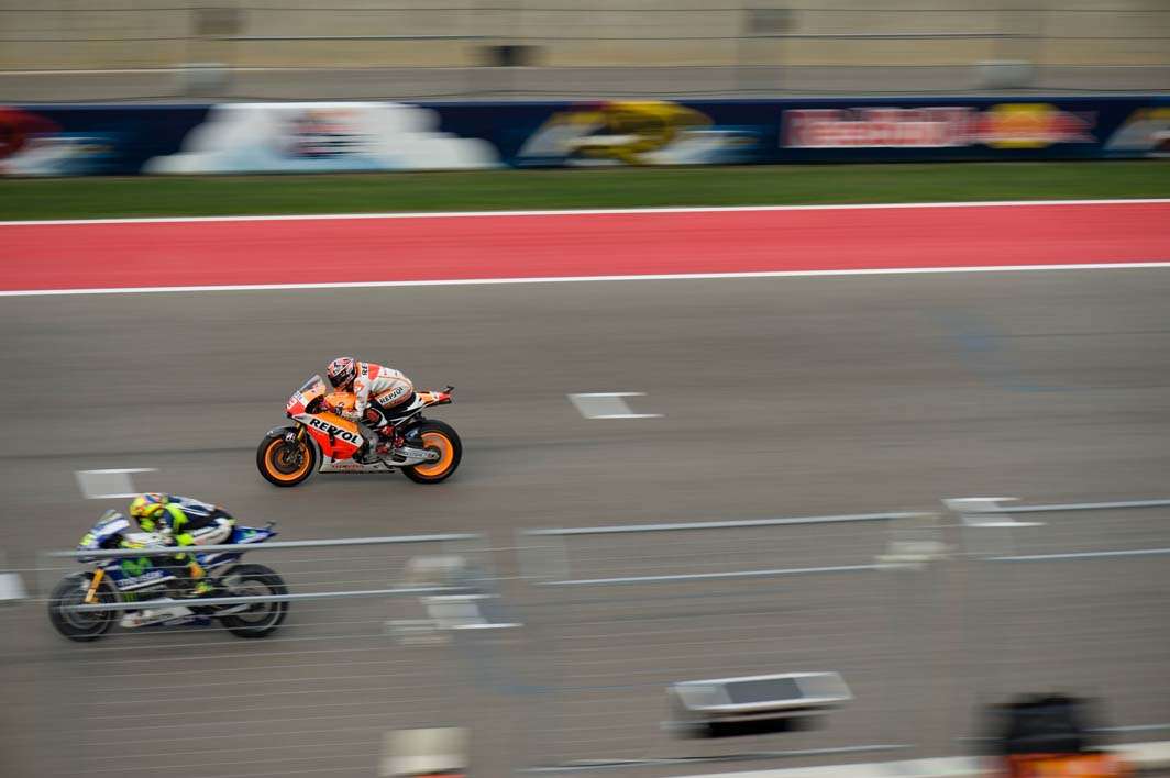 2014 MotoGP Austin Texas Valentino Rossi Mark Marquez front straight panned
