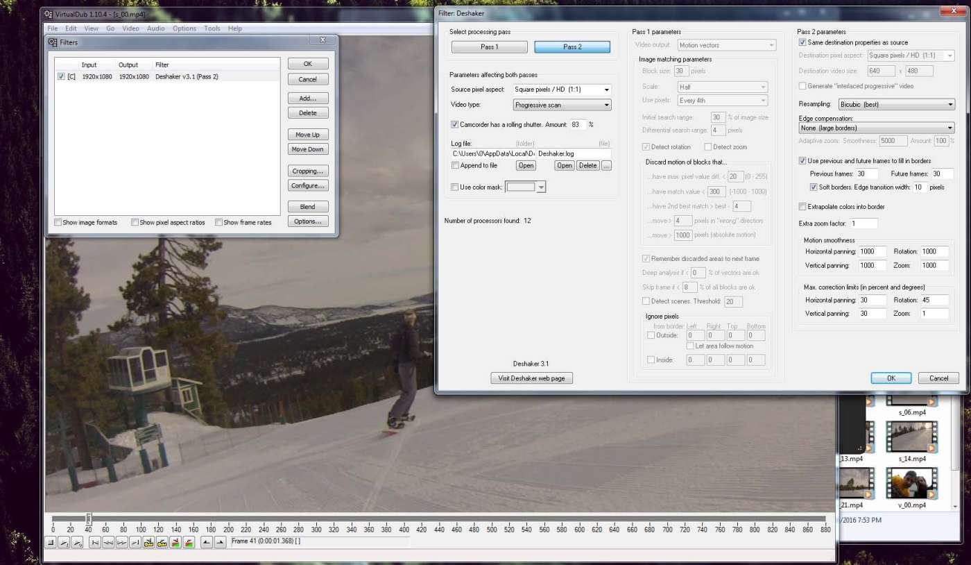 Image stabilization VirtualDub skiing snowboarding postprocessing