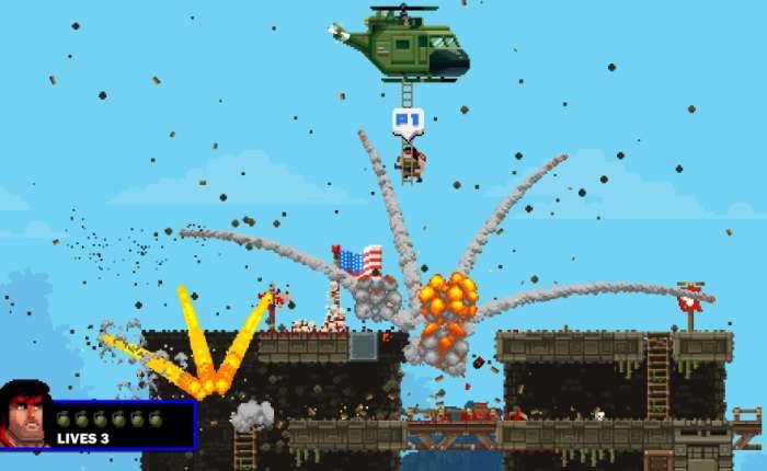 Broforce Helicopter extract Rambro explosions screenshot