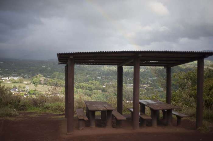 Hawaii Kauai picnic benches rainbow