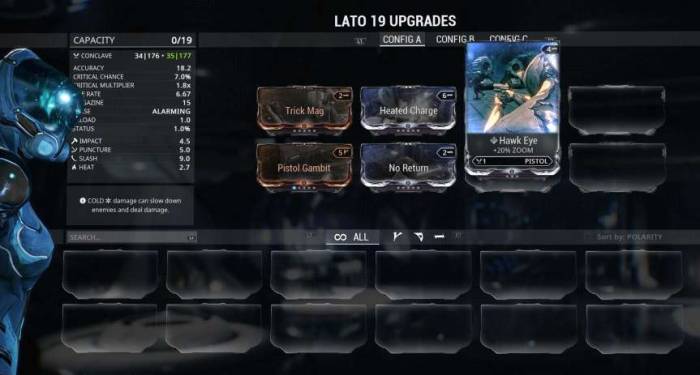 Warframe upgrade system Lato Hawk Eye