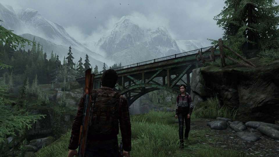 The Last Of Us Joel Ellie screenshot mountains bridge