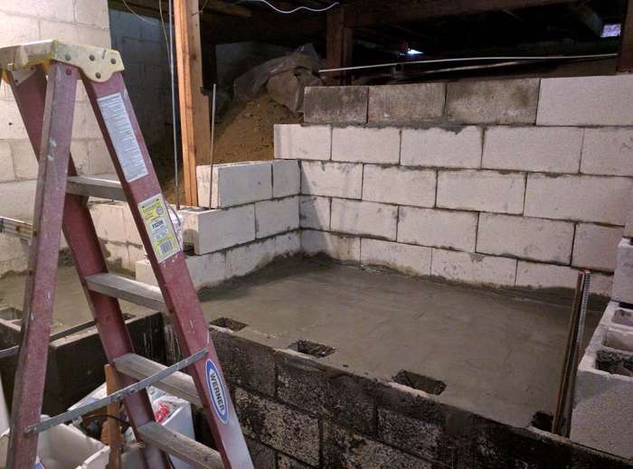 Garage annex murder room cinder blocks concrete pour renovation