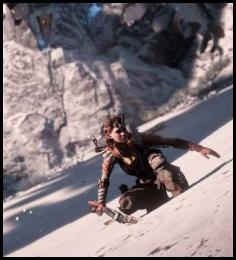 Horizon Zero Dawn Aloy dodging stormbird snow