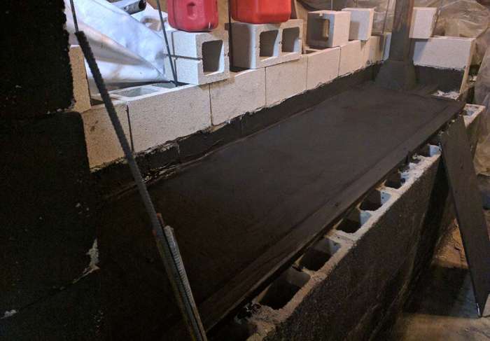 Murder room concrete cinder block tool storage shelving black sealer