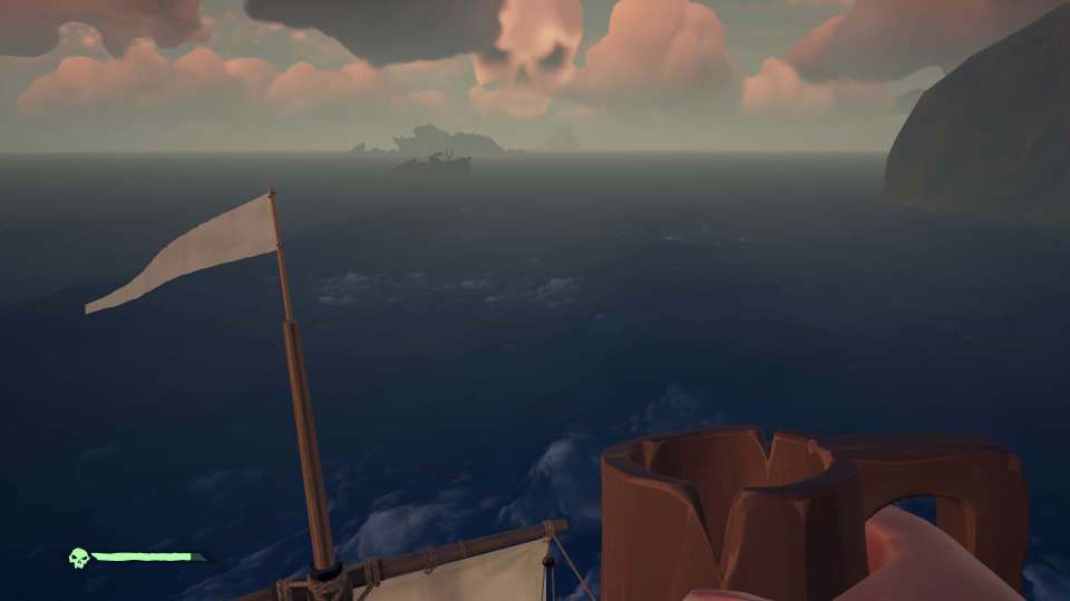 Sea of Thieves screenshot crows nest grog skull island dusk