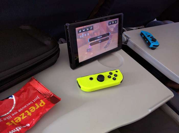 Southwest flight tray table pretzels Nintendo Switch