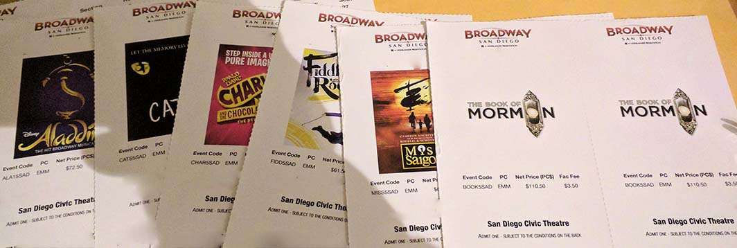 Broadway San Diego show tickets Aladdin Cats Charlie Miss Saigon Book of Mormon
