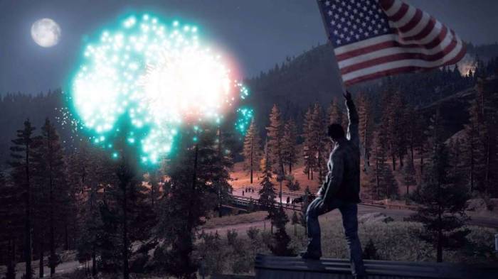 FarCry 5 settlement liberated flag fireworks cheesy