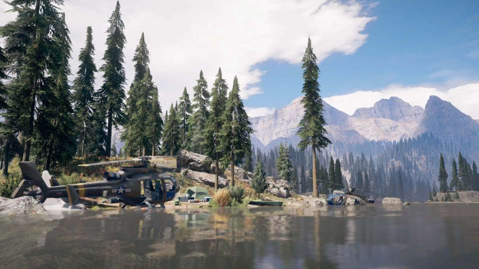 Far Cry 5 helicopter lake mountains campsite