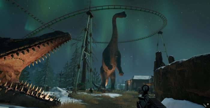 PUBG Vikendi Dino Park rollercoaster night aurora