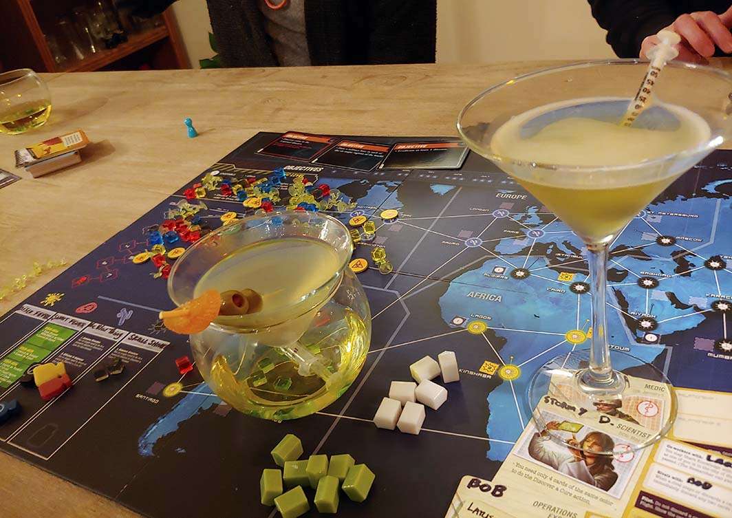 Pandemic Legacy covid quarantini novelty drink syringe olive board game
