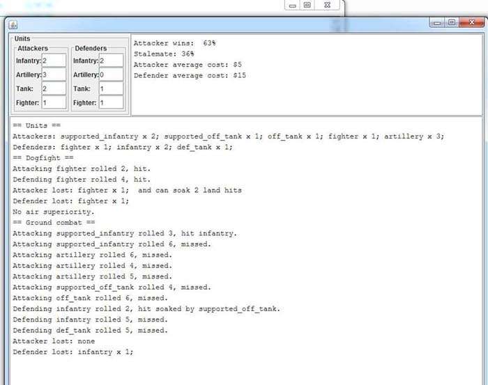 Axis and Allies battle simulator Java application
