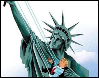 Election 2020 comic statue of liberty mask slingshot Trump