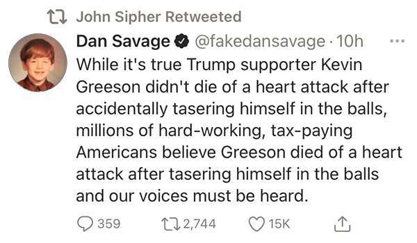 Capitol insurrection taser legislate reality tweet Dan Savage