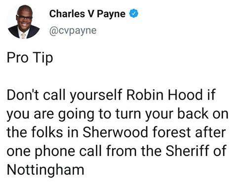 Charles Payne tweet call yourself Robin Hood