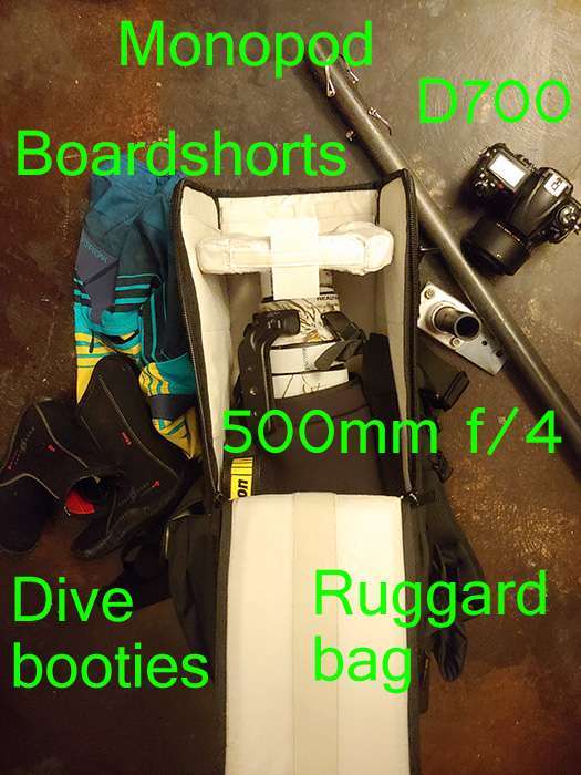 Photo gear for telephoto surf photography booties boardshorts monopod bag
