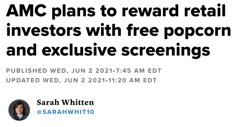 CNBC article AMC free popcorn retail investors memes