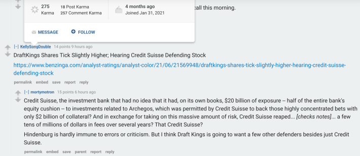 WallStreetBets Hindenburg research DraftKings astroturfing Credit Suisse