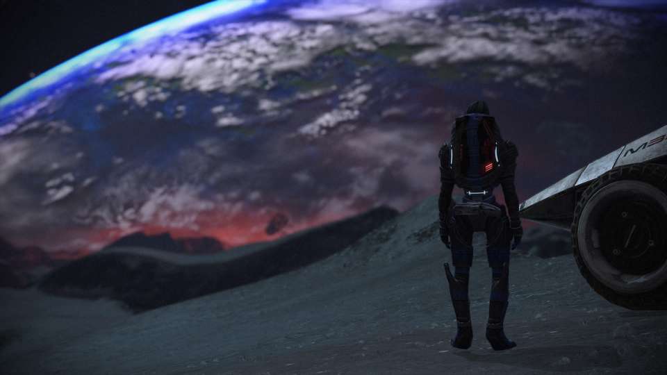 Mass Effect Legendary Garrus moon Earth view Mako