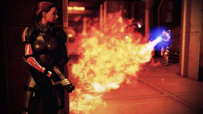 Mass Effect 2 Legendary Shepard flamethrower cover combat