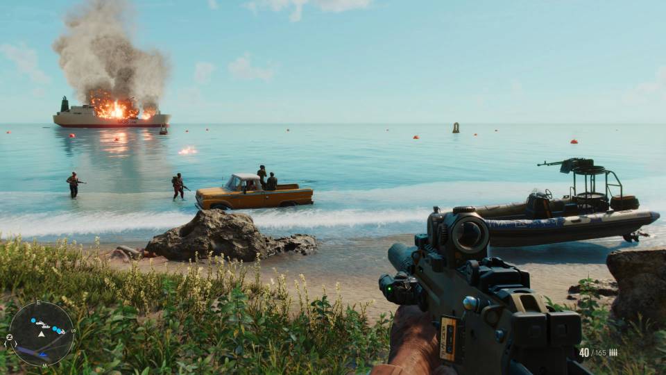 Far Cry 6 truck boat beach guerillas burning ship