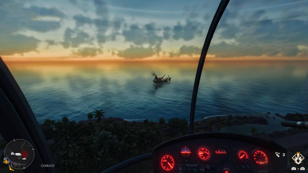 Far Cry6 helicopter cargo ship sunset