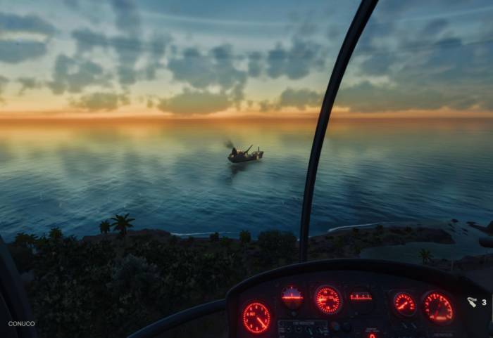 Far Cry6 helicopter cargo ship sunset