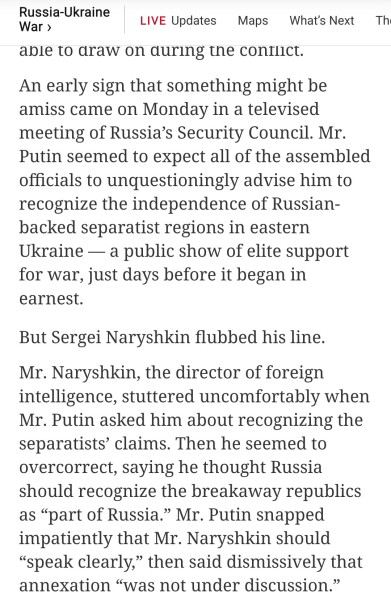 Ukraine Russia article Naryshkin gaffe