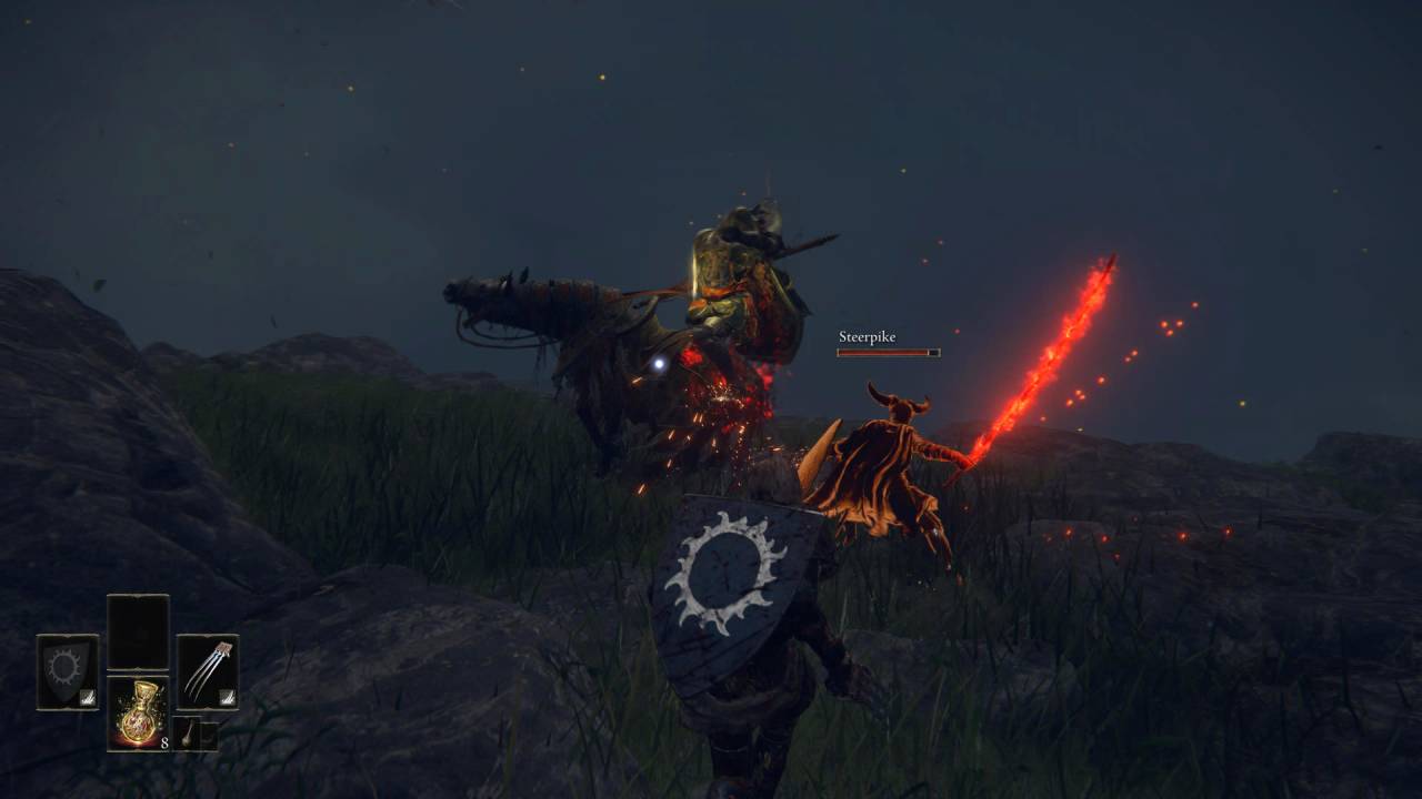 Elden Ring combat co-op horseman knight flaming sword