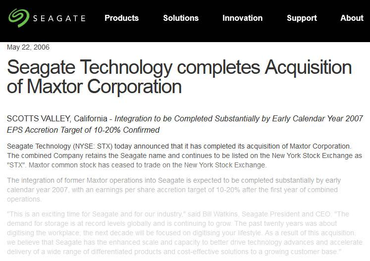Seagate press release acquisition of Maxtor
