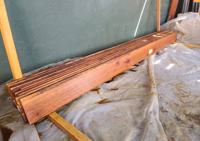 Redwood fence boards boiled linseed oil finished