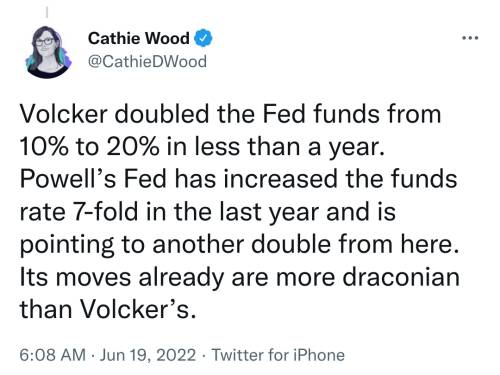 Cathie Wood tweet federal reserve rates Volcker