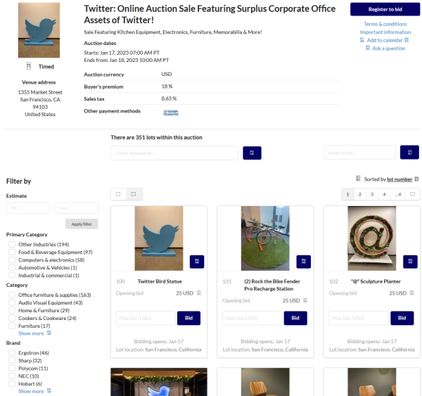 Twitter office equipment auction