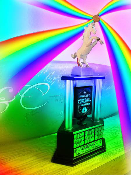 fantasy football unicorn trophy rainbows