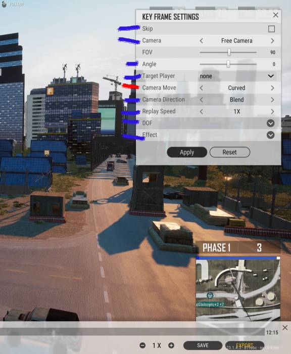 PUBG Battlegrounds editor key frame settings