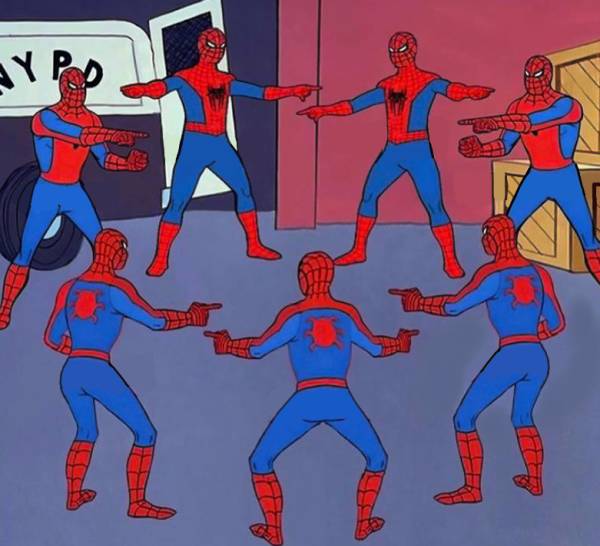 Spiderman pointing meme seven spideys