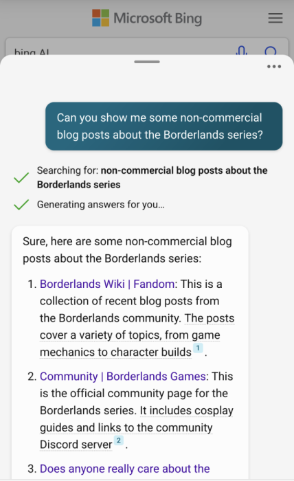 Bing AI search blog posts Borderlands bad results