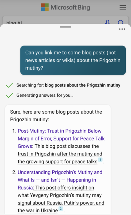 Bing AI search blog posts Prigozhin bad results
