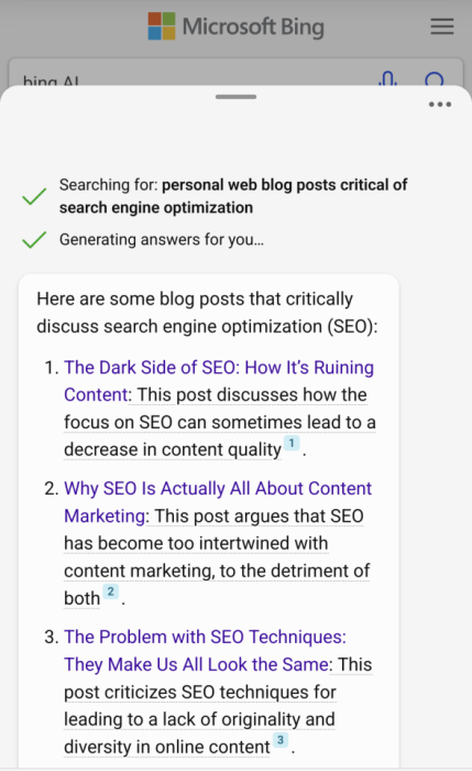 Bing AI search blog posts seo bad results