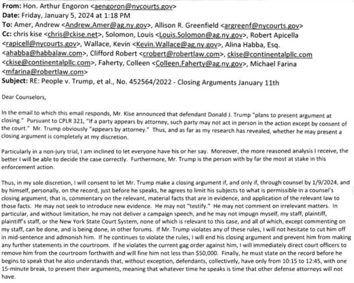 New York Trump civil case Engeron email Kise closing arguments