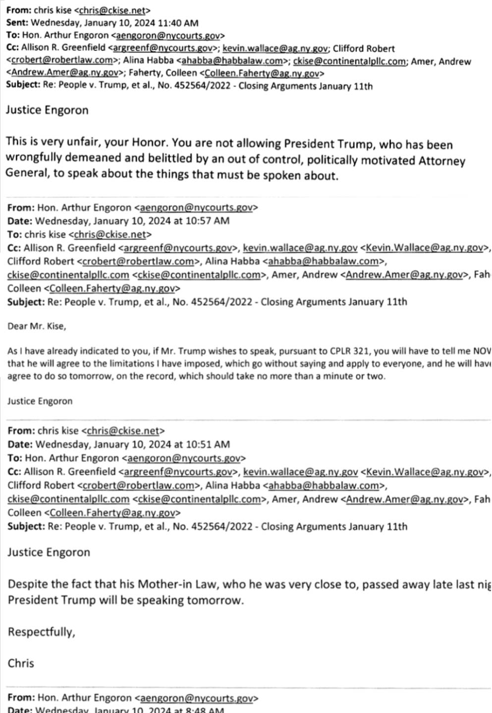 New York Trump civil case Engeron email Kise closing arguments